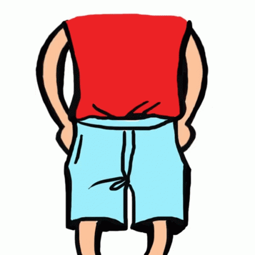 a cartoon man wearing shorts with his hands behind his back