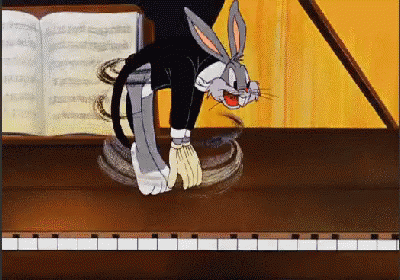 a little anime rabbit with a backpack and a piano