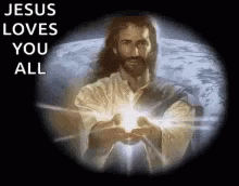 the jesus loves you all with his hand up