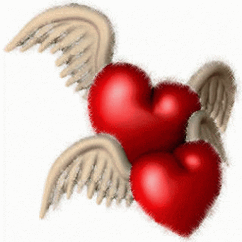 two large blue hearts with silver wings on top