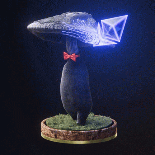 a wooden sculpture holding a glowing kite on top of it's head