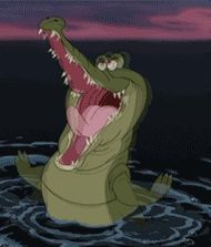 a cartoon character standing in water with one arm up