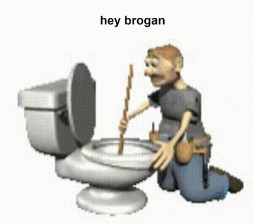 a person who is fixing a toilet with a broom