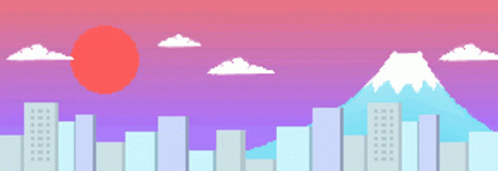 a pink and blue background shows a city in front of clouds