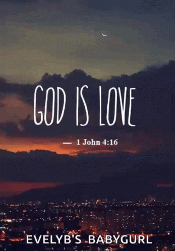 a dark night with clouds and an overcast sky is shown with the words god is love, written over a cityscape