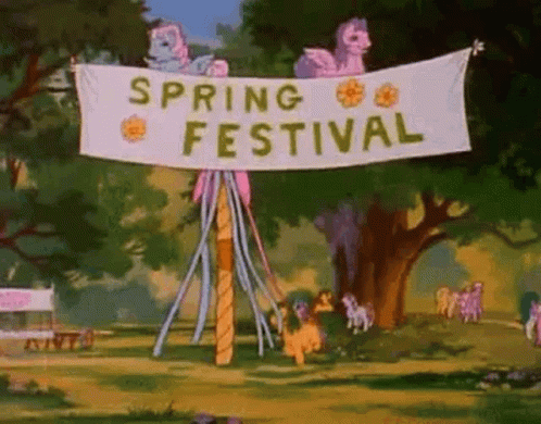 a cartoon banner with people on it saying spring festival