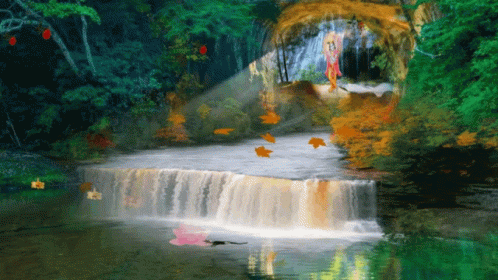 an artistic painting of a waterfall in a lush green forest