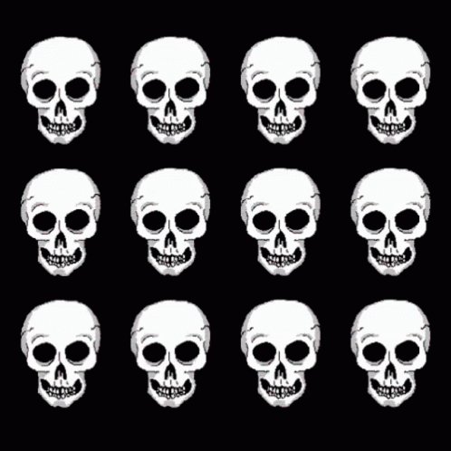 six rows of skulls, all in white on black background