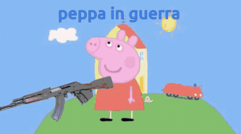 the pig is holding a rifle near some water