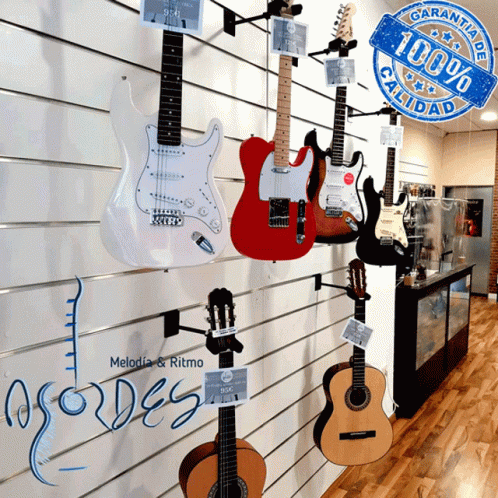 an exhibit of guitars on display in a music store