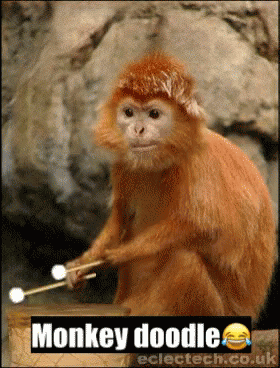 an adorable little blue monkey wearing a hat and playing drums