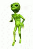 a green plastic alien figure with its arms stretched out