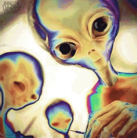 a painting of an alien eating a carrot