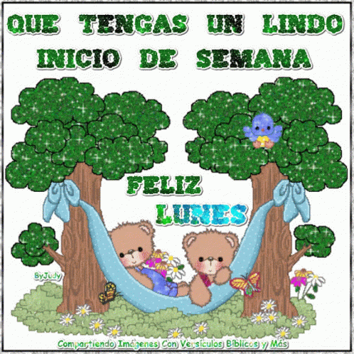 two teddy bears in tree with sign saying, que tegas un kindo de sema