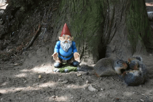 small gnome figurine sitting beside a small beaver