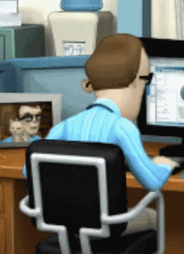 cartoon character with a computer monitor on desk