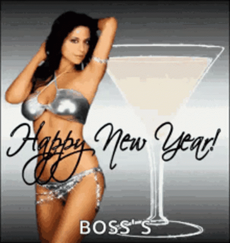 an ad featuring a woman in bikini and martini