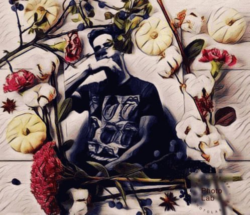 a painting on a tile that shows blue and white flowers