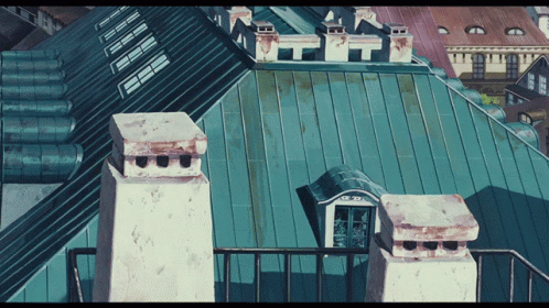 a painting of a rooftop with a clock tower