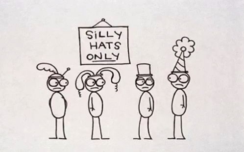 four cartoon character in front of a sign that says silly hats only