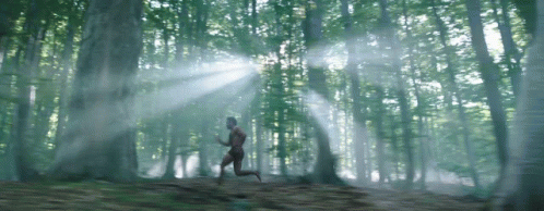 a man runs through the woods in light rays