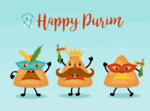 four different cartoon figures are in this happy purim picture
