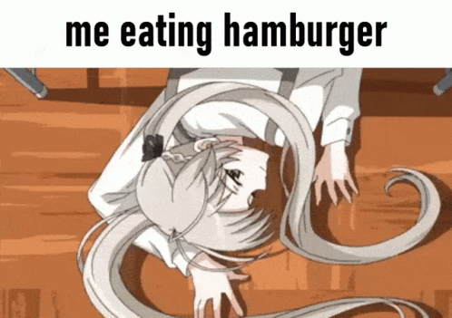 the anime girl has her eyes closed while eating hamburger