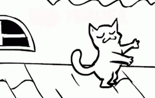 a black and white illustration of a cat standing on a wave