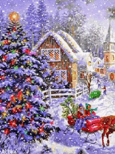a painting of a snowy village with a christmas tree