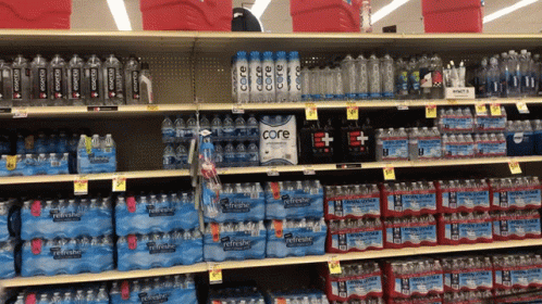 bottled water on display in a store