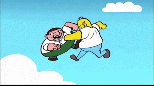 two cartoon characters run with each other across a field