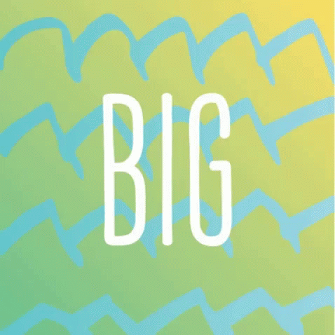 the word big written in white on blue and yellow background