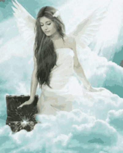 angel holding a suitcase standing above clouds