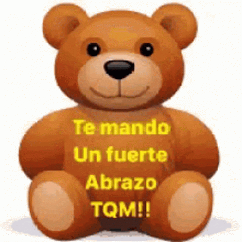 a blue teddy bear is holding a tag that reads te mando un fuerte azo tom