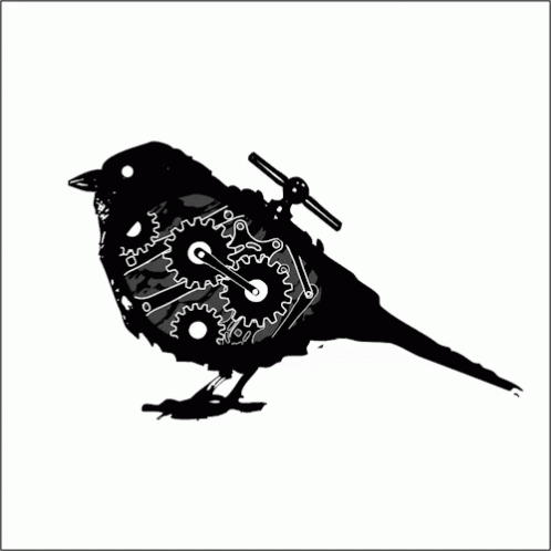 a bird with gears and metal wheels in its beak