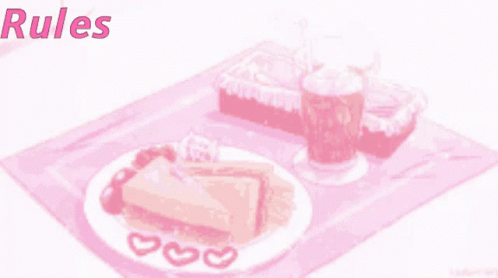 the table is holding a pink tray with two drinks and a slice of cake
