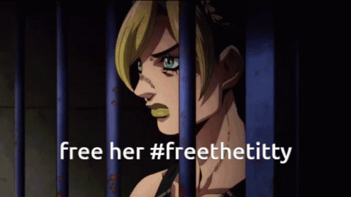 an image of anime character behind bars with the text free her, fees free