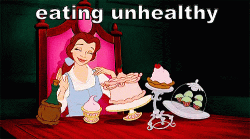 the words eating unhealthly on a cartoon character