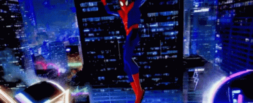 an animated po of spiderman flying through the city