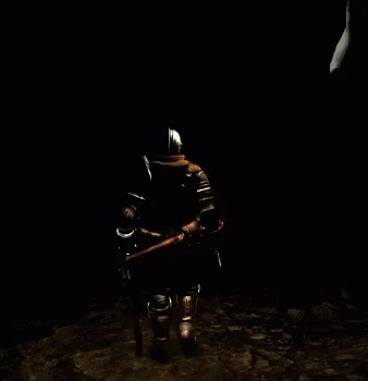 a knight sitting in the dark with his sword