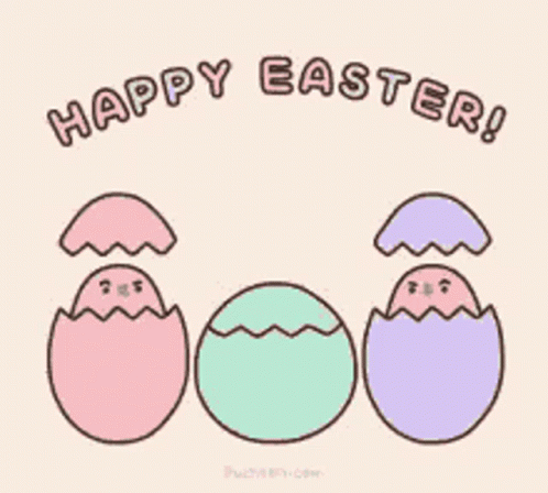 three colorful eggs with the word happy easter