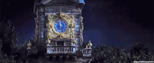 this is an animated clock tower with a sky background