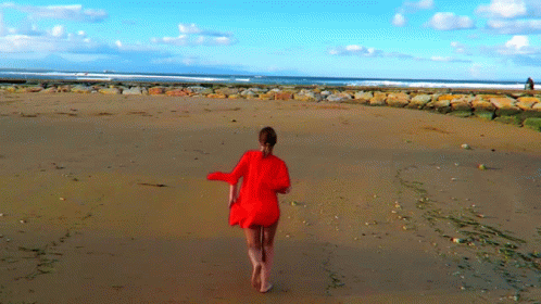 the person is walking toward the ocean near the water