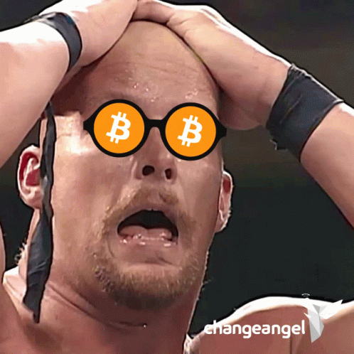 a man is holding his head and looking at a bitcoin printed on his face