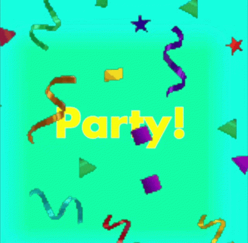 the party with confetti and ribbons is brightly colored