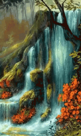 a landscape shows a waterfall and a stream