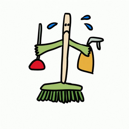 an illustration of a cleaning brush and a blue bag