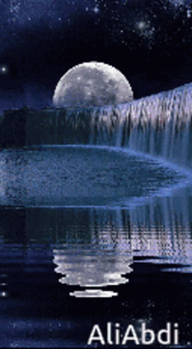 a waterfall with a half moon and some stars in the background