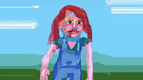a drawing of a woman in brown overalls and an orange top