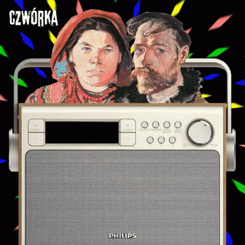 a drawing of two people next to an old radio